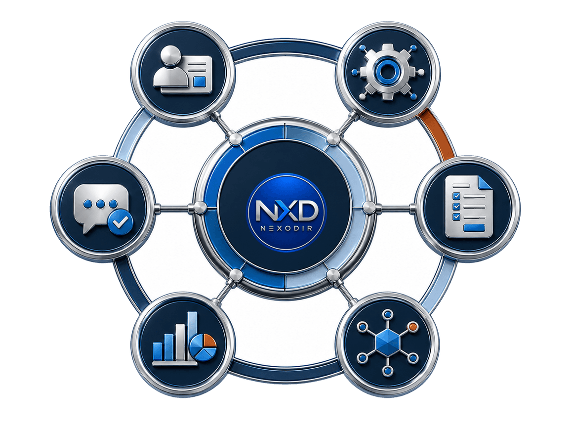 Ecosistema tecnológico comercial con NEXODIR y otras herramientas de automatización, integración y seguimiento.